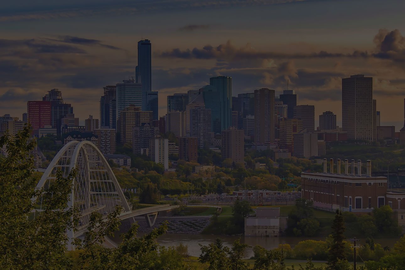 Edmonton Alberta Skyline showing the Walterdale Bridge and downtown buildings